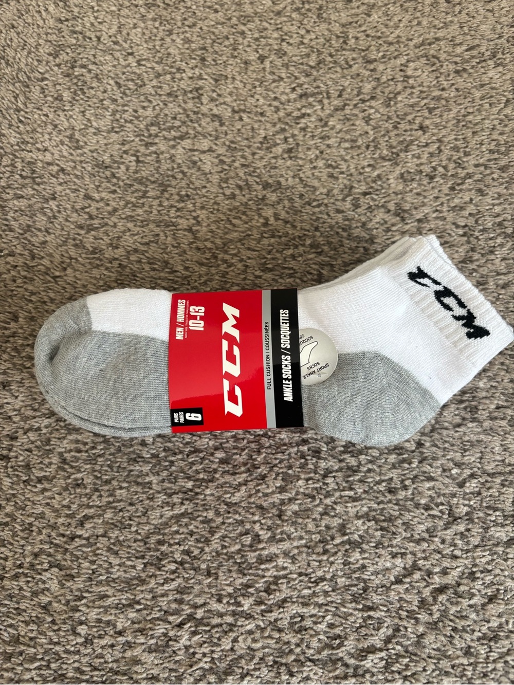 CCM White and Gray Athletic Ankle Socks with Logo 6 Pack Size 10-13 NWT